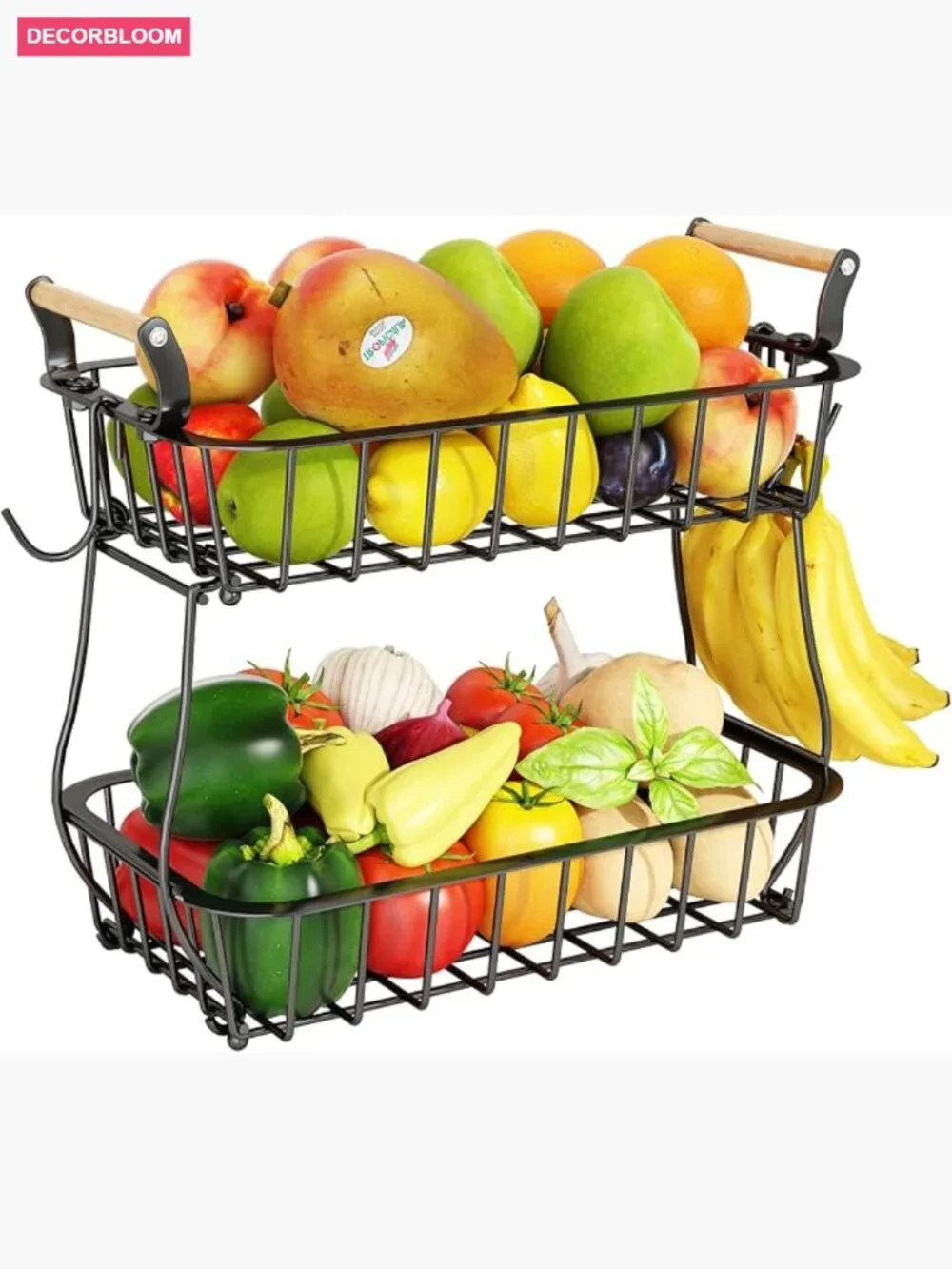2 Tier Metal Fruit Basket with Banana Hangers, Countertop Storage
